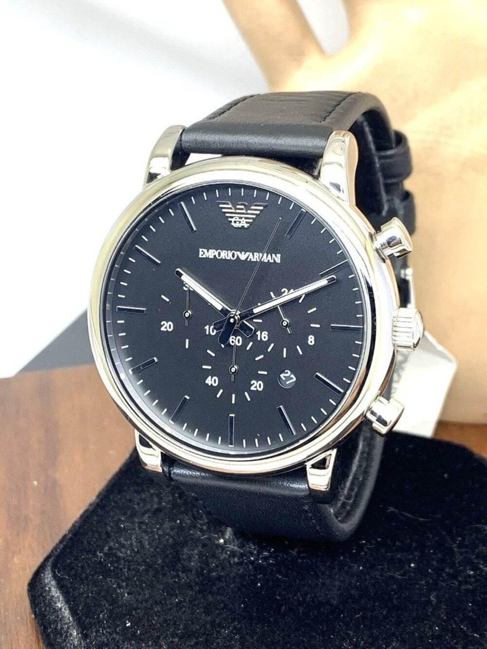 Emporio Armani Men's Watch AR1828 Quartz Chronograph Black Dial Leather Strap